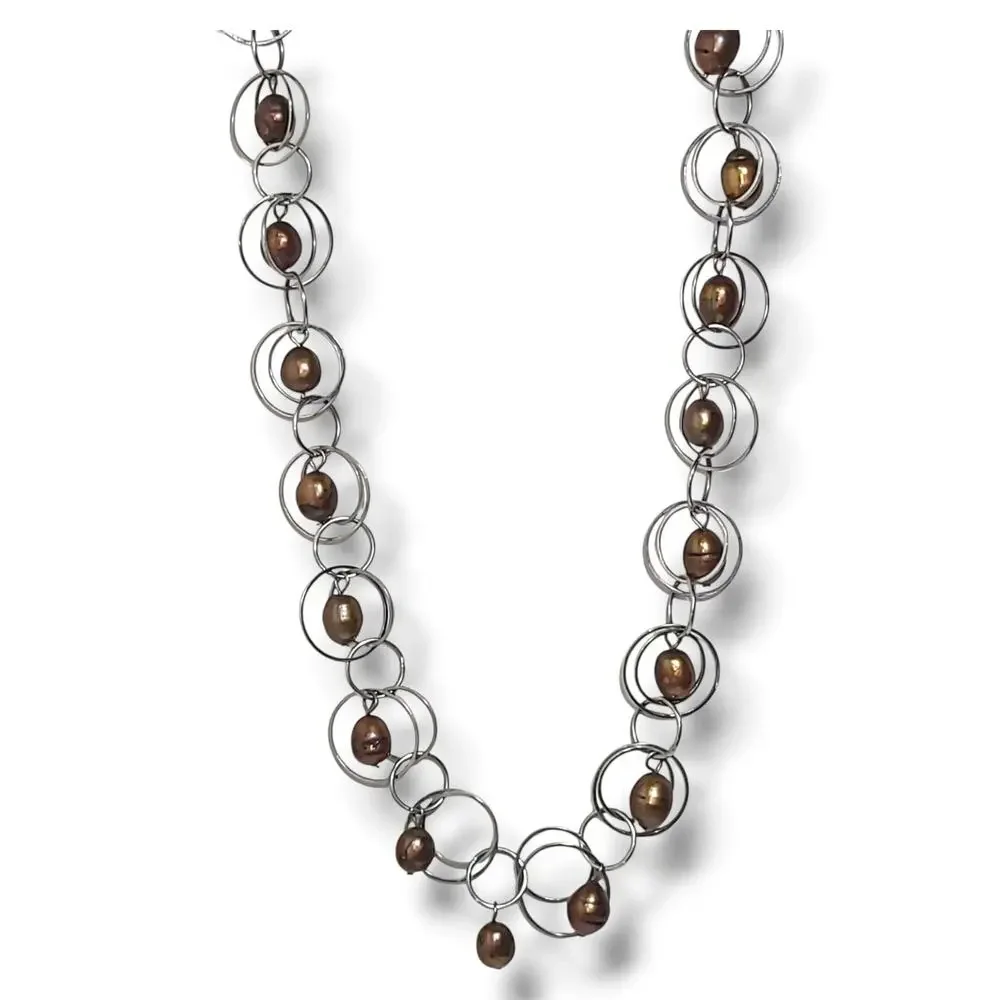 Silver Tone‎ Hoop Chain Bronze Potato Freshwater Pearls Station Necklace